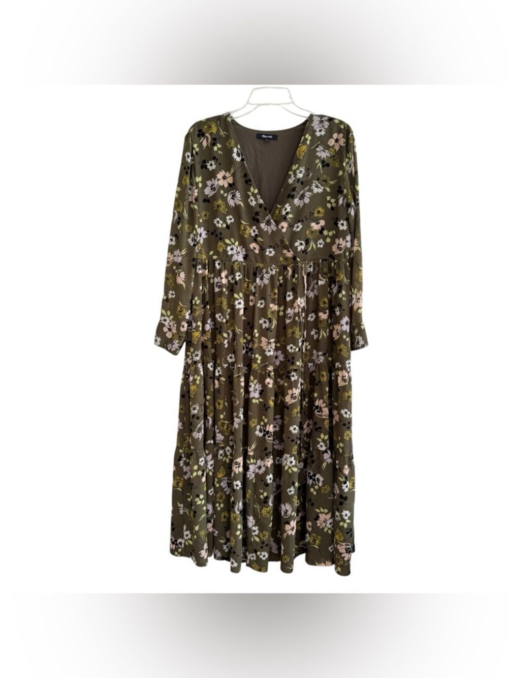 Madewell Cinch-Waist Tiered Midi Dress Wildblooms Olive Green Floral Cottage M - Picture 4 of 10